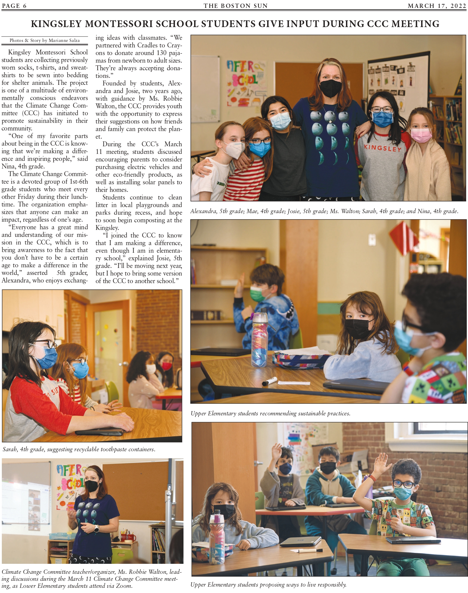 The Boston Sun news article about Kingsley Montessori School Climate Change Comittee.
